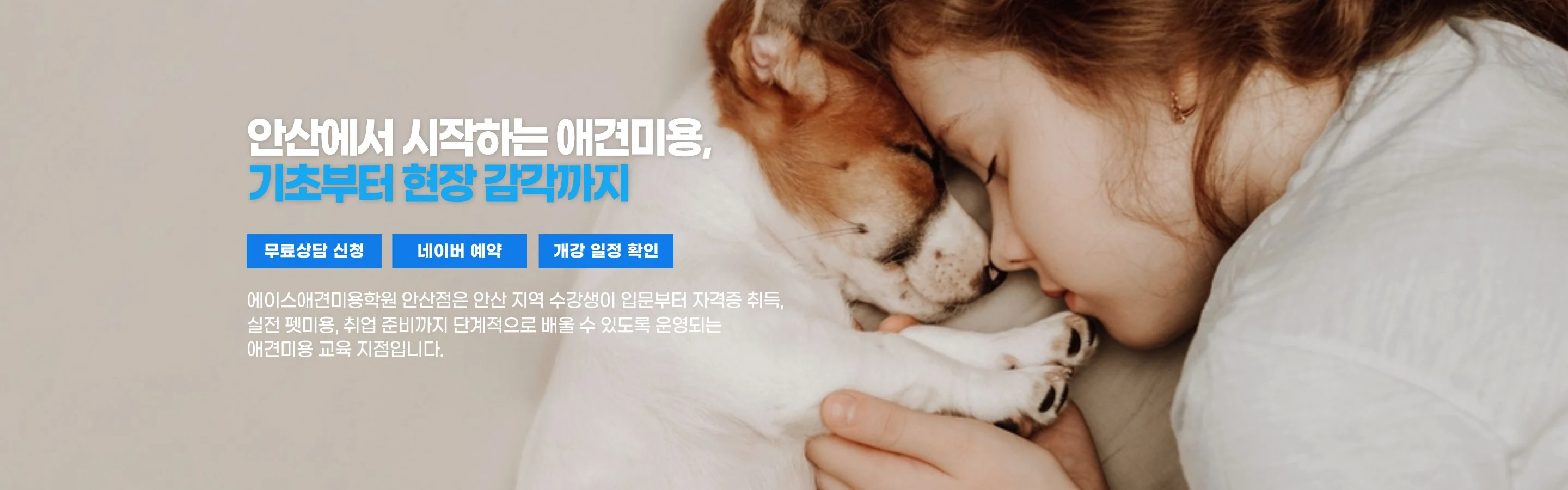 안산에서 시작하는 애견미용, 기초부터 현장 감각까지 — 에이스애견미용학원 안산점은 안산 지역 수강생이 입문부터 자격증 취득, 실전 펫미용, 취업 준비까지 단계적으로 배울 수 있도록 운영되는 애견미용 교육 지점입니다.