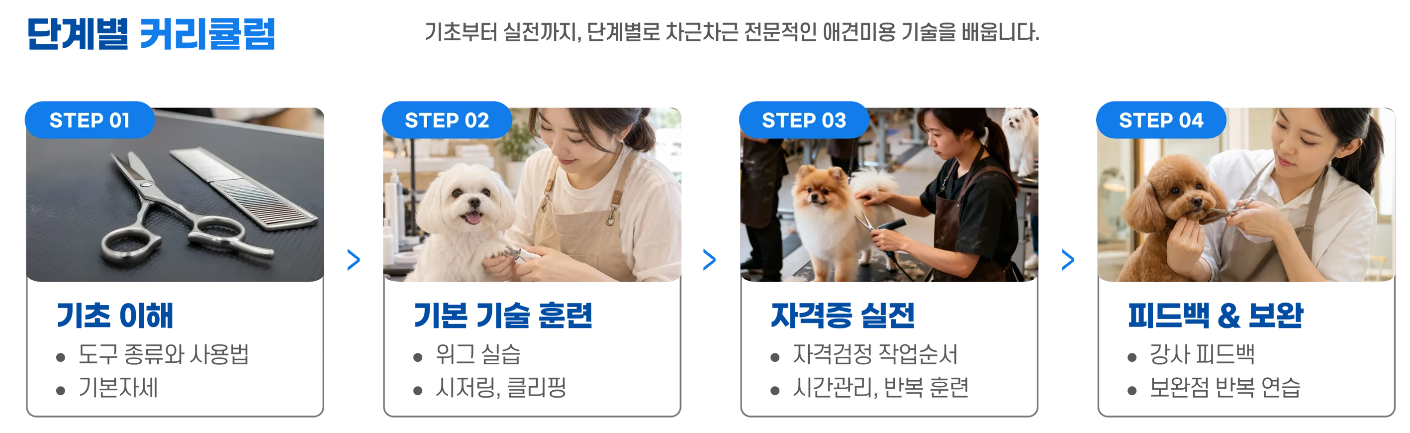 단계별 커리큘럼 STEP 01~04를 실습 사진과 함께 안내하는 이미지