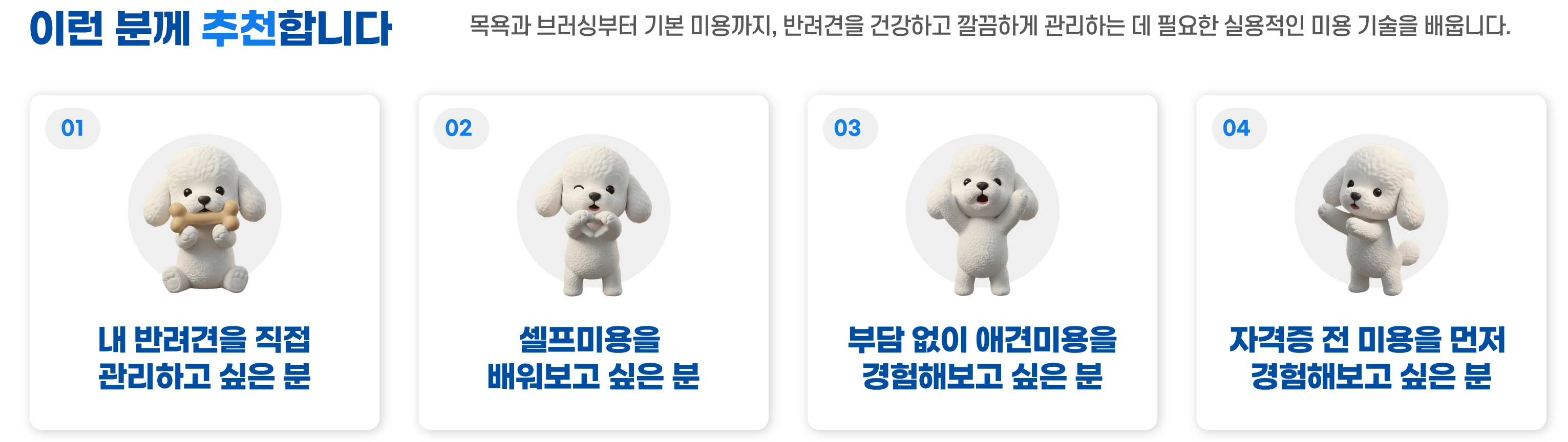이런 분께 추천합니다 — 추천 대상 4가지를 카드로 안내하는 이미지
