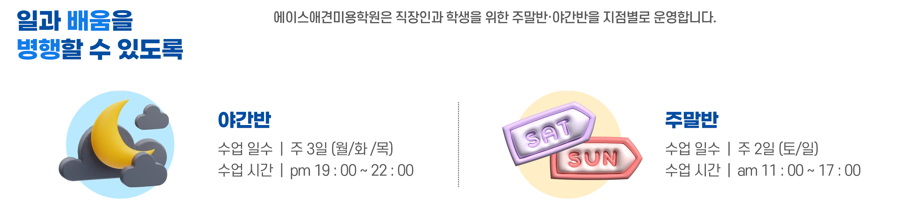 야간반·주말반의 수업 일수와 수업 시간을 안내하는 이미지